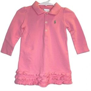 Ralph Lauren Long Sleeve Pink Polo Shirt Ruffle Hem Dress Girls 9 Months